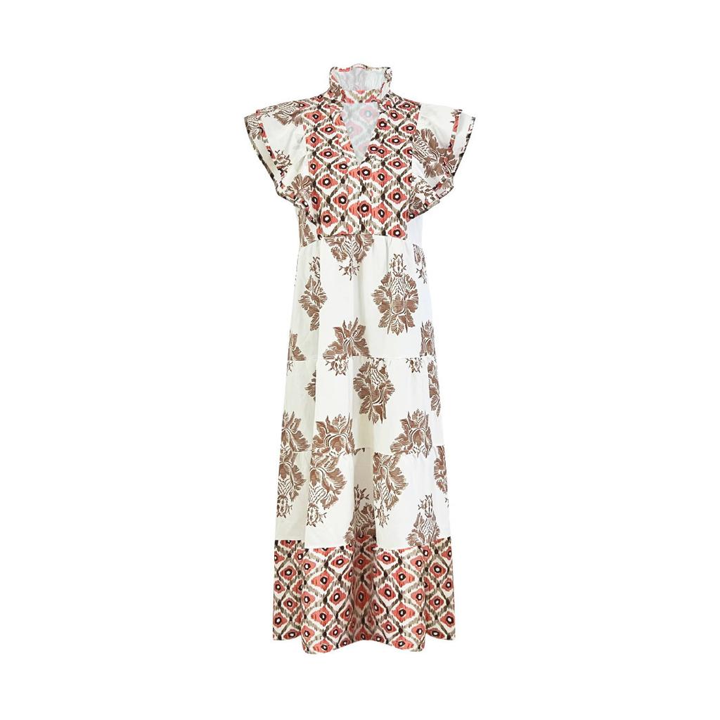 Women's Summer Flying Sleeves V-neck Dress Floral Print Stand Collar Midi Dress