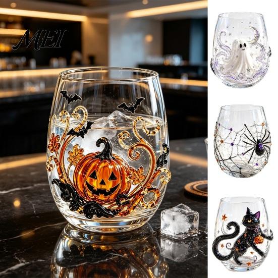Creative Beverage Cup Halloween Ghost Whiskey Glass, Black Cat Spider Net Skull Tumbler for Novelty Shape Glass Cocktail, 350ml Spooky Drinkware Home