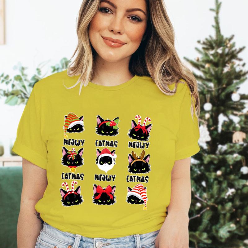 Merry Christmas Cat Classic Tshirt Santa Cat Lover Gift for Christmas Crew Neck Womens Clothing Festive Short Sleeve Tshirts