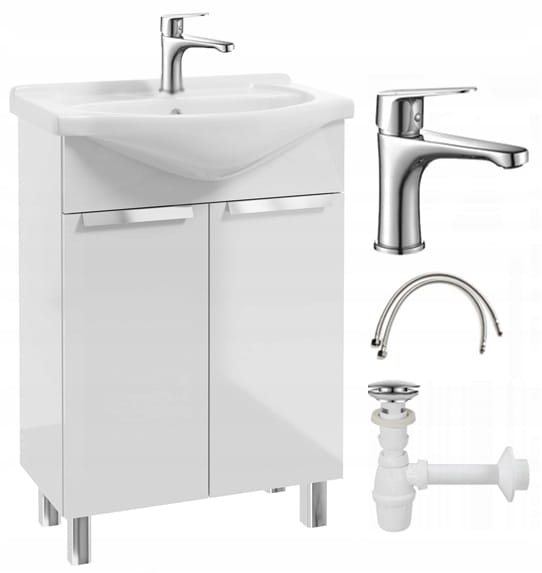 Bathroom cabinet with a washbasin on legs 85x60, standing, white Lily, with an elongated chrome tap