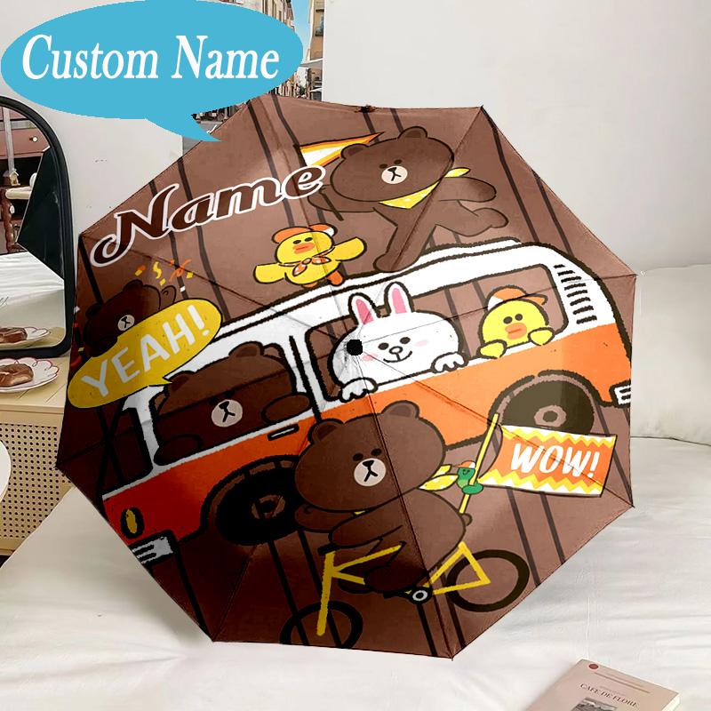 Custom Name Umbrella Happy Valentine's Day Brown Bear Umbrella 8-Frame for Travel, Camping, Casual Lightweight Portable, Essential for Family Gifts