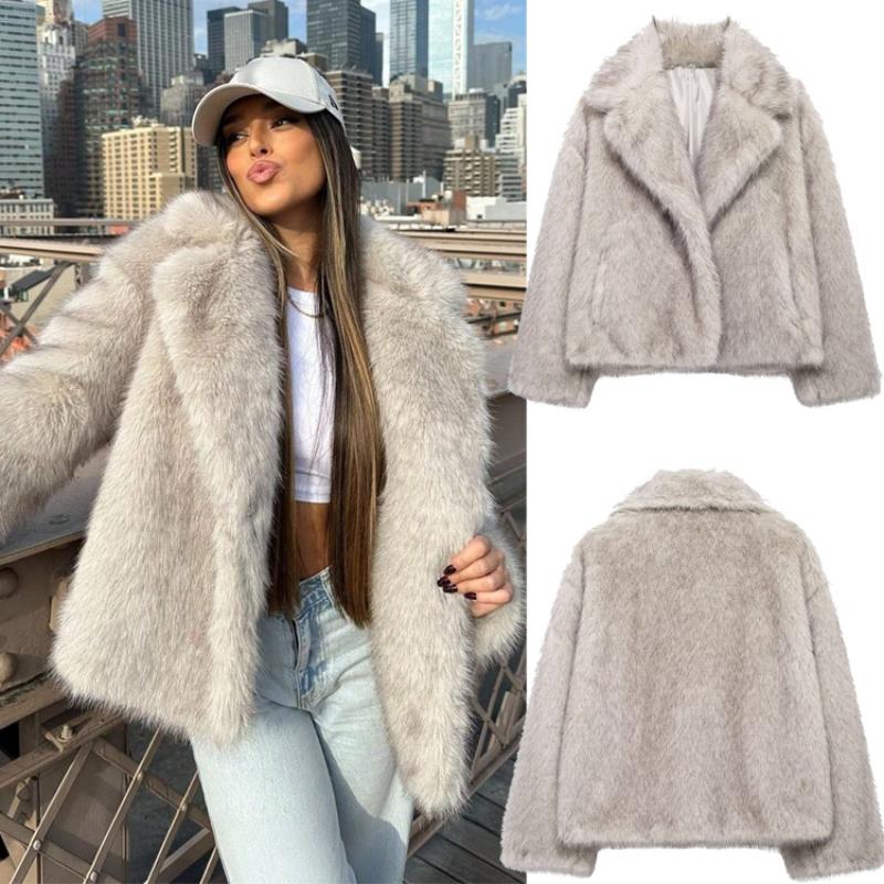 Женская меховая куртка свободного кроя с лацканами и длинными рукавами для осени и зимы
