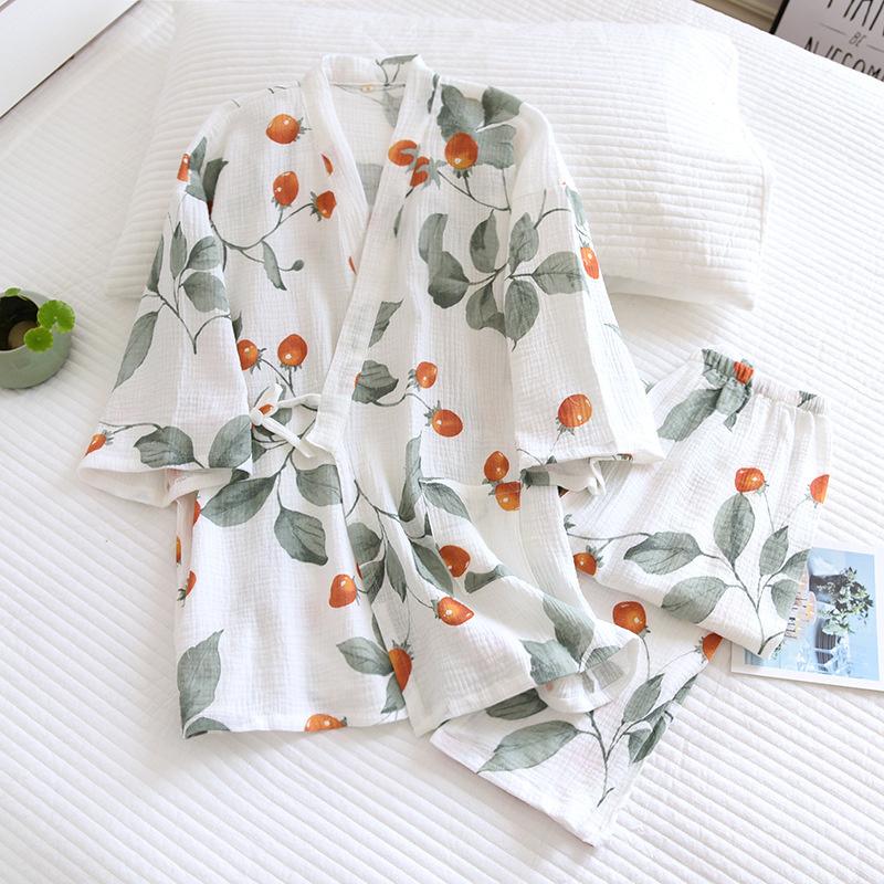 Women Kimono Pajamas Seven Point Sleeve Cotton Gauze Crepe Sleepwear Loose Home Clothes Two-piece Suit Pijamas