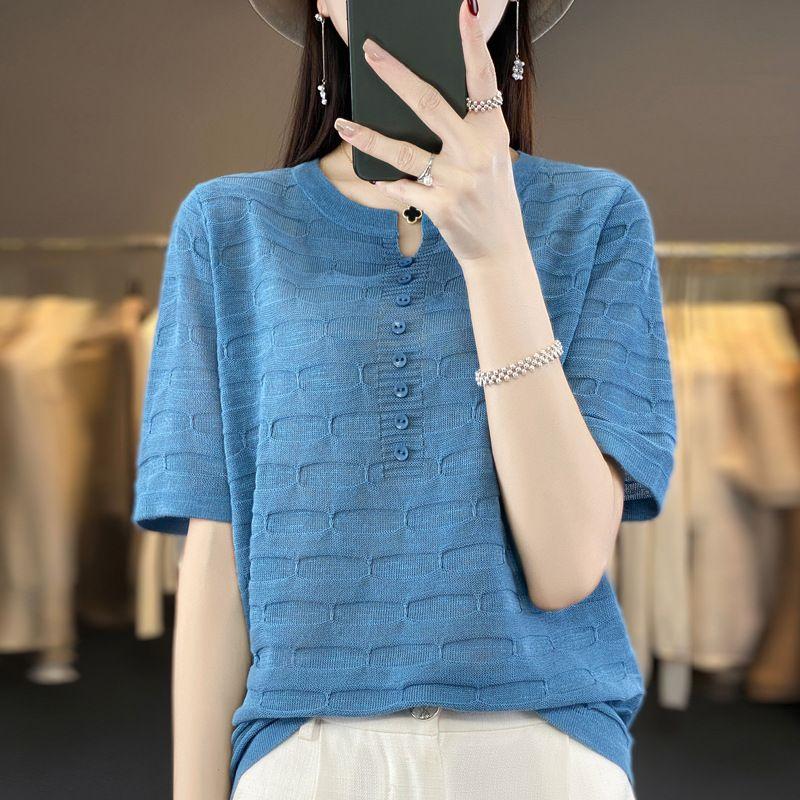 Повседневная свободная женская футболка Ice Silk с короткими рукавами, летняя рубашка из тонкого трикотажного льна с пуговицами