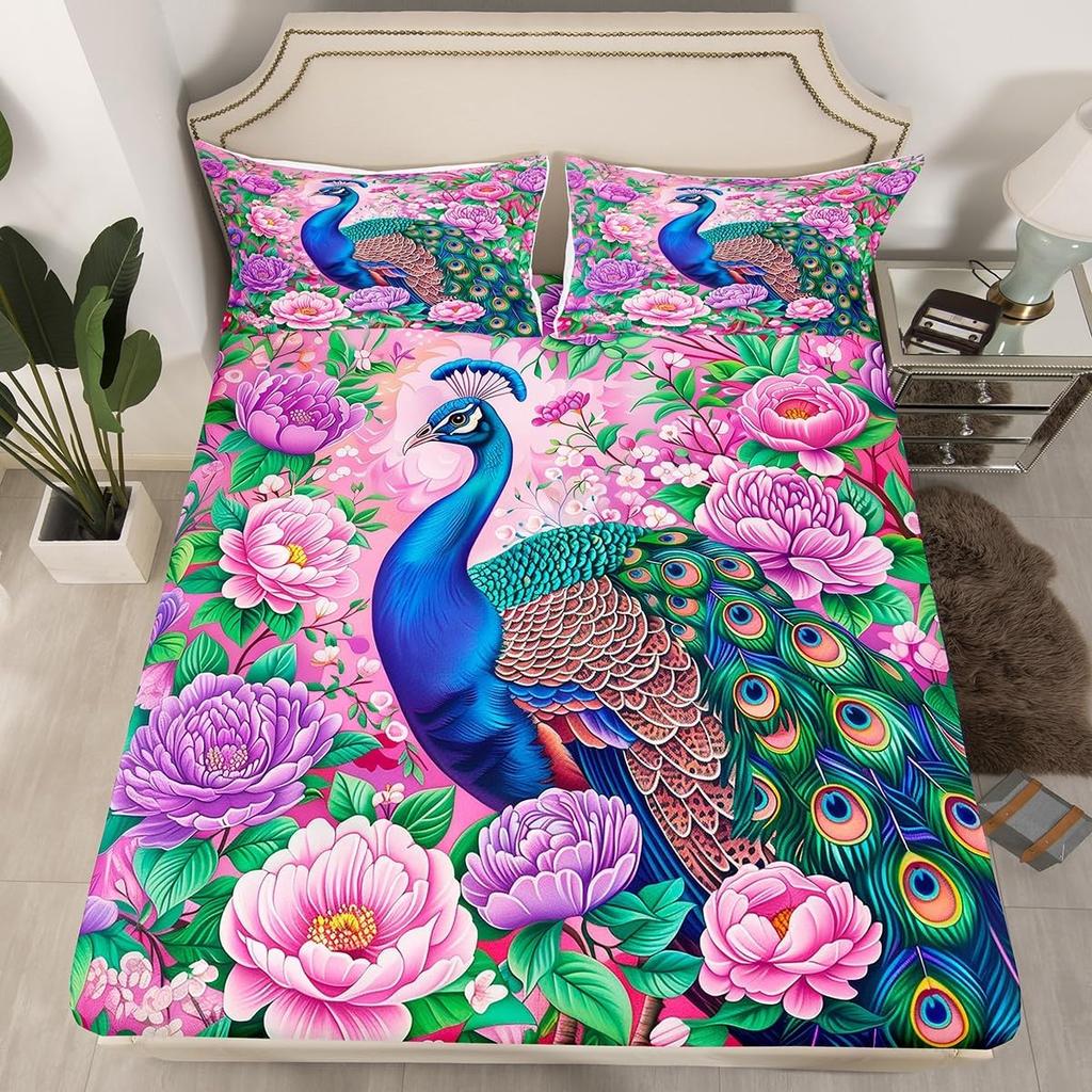 Beautiful Peacock Fitted Sheet Double Size,Watercolor Butterfly Bedding Set for Kids Girl Room Decor,Bed Cover with Pillowcases