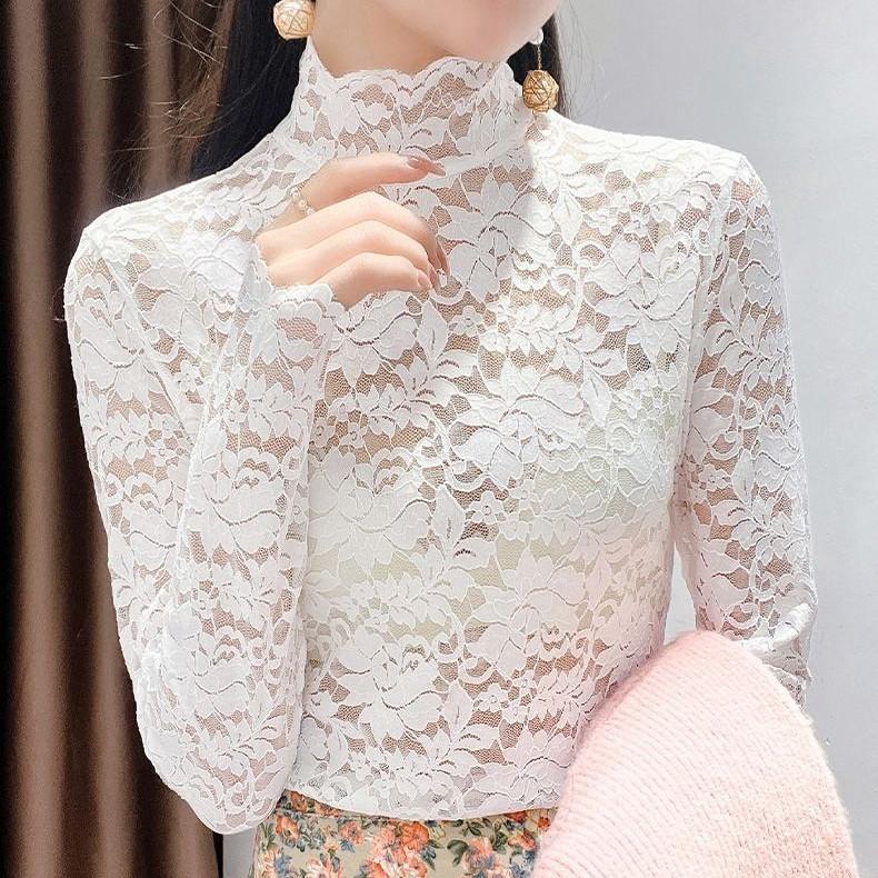Hollow Lace Bottoming Shirt Slim Fit Long Short-sleeved T-shirt Women's Top Half Turtleneck Slim Fit