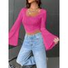 Women's New Solid Colour U-neck Exposed Navel Thin Fashion Flare Long-sleeved Top Sexy Short T-shirt