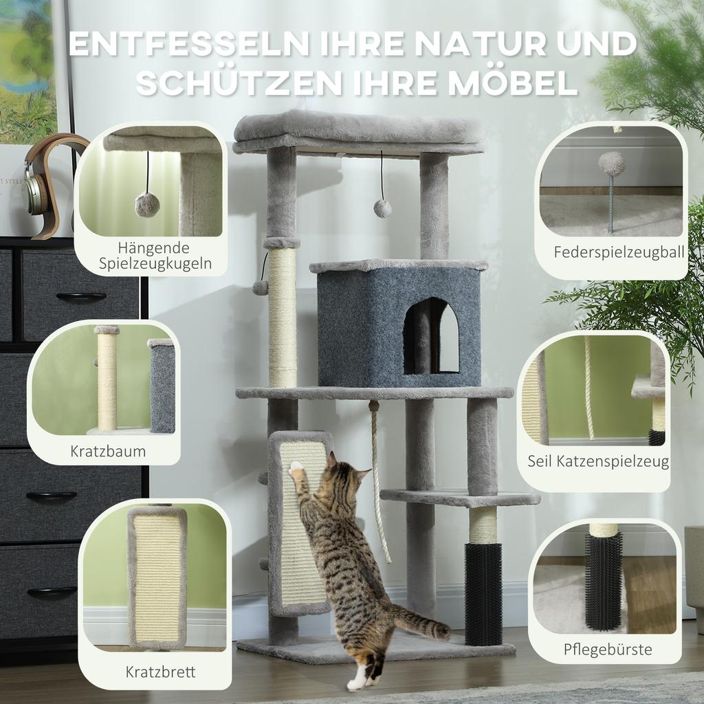 132cm Cat Tree w/ Scratching Posts, Pad, Cat Bed, Cat House, Jumping Platform, Grooming Brush, Anti-Tip Kit, Light Grey