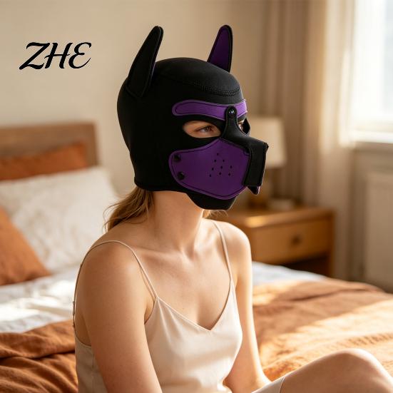 Realistic Dog Head Cover Full Mask for Adult Role Play, Soft Neoprene Animal Stretchy with Removable Mouth And Foldable Ears, Puppy Play Gear Costume