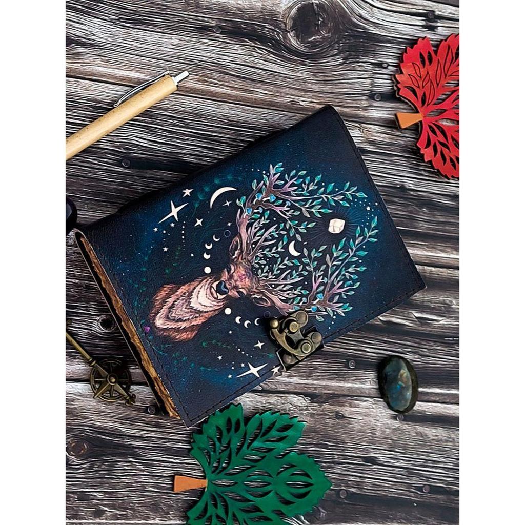 Leather Journal Deer Moon Journal For Men Women with Loc Antique Hademade Decle Edge Pepar Traveling Sketchbook Black Notebook