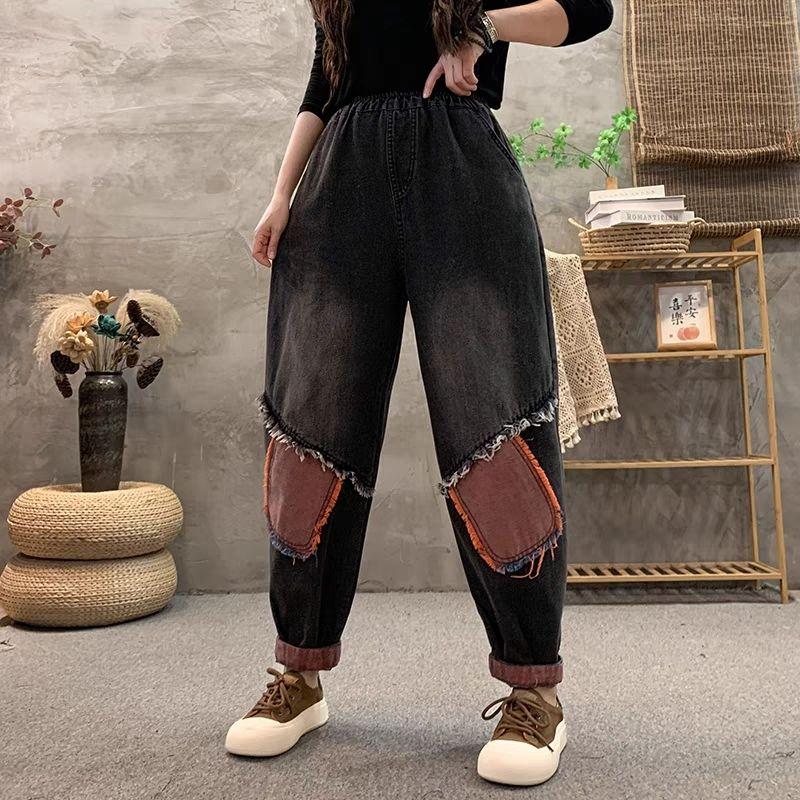 Свободные джинсовые брюки в стиле пэчворк, женские осенние джинсовые брюки с высокой талией, винтажные женские шаровары с карманами