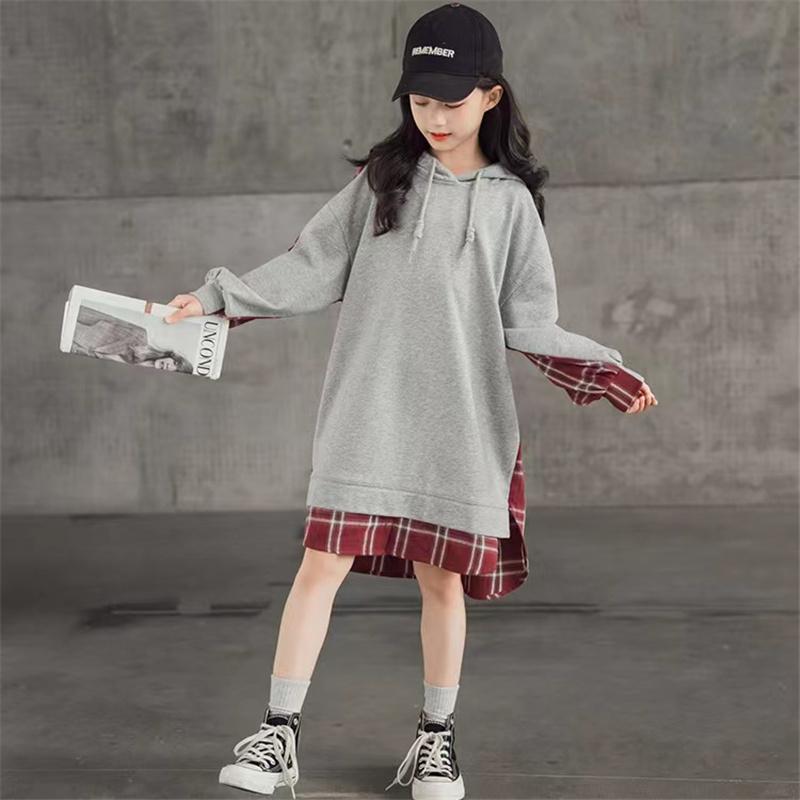 Платье для девочек, весенне-осенние детские куртки с капюшоном, свободное платье, повседневные сетчатые платья с длинными рукавами для девочек-подростков 8, 10, 12, 14 лет