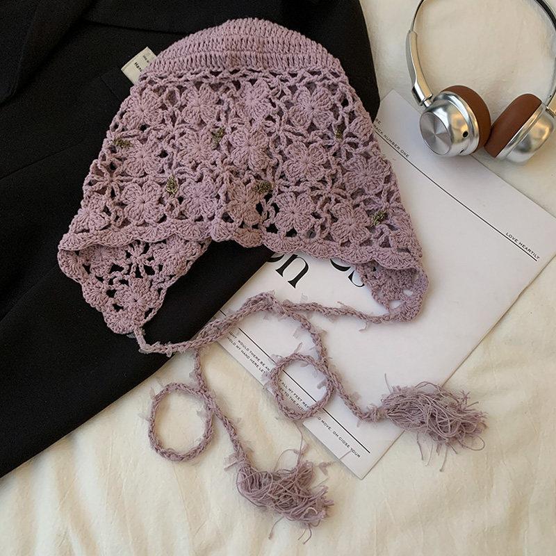 Ethnic Style Handmade Crochet Flower Tassel Cap for Women, Spring and Summer New Hollow Out Atmosphere Pullover Hat