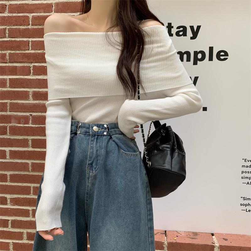 Женский осенний вязаный свитер на одно плечо: 2024 г. облегающий топ с длинными рукавами