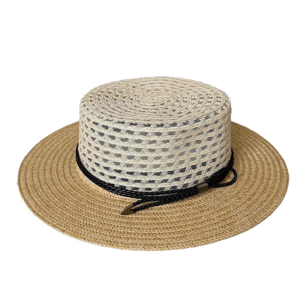 French retro color matching flat top straw hat old money wind travel beach hat women's summer big edge spinning sun hat