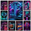 Pop 80S Live Music Neon Punk Poster Aesthetics Dj Guitar Karaoke Headphones Canvas Painting Wall Art Home Room Decor No Lights