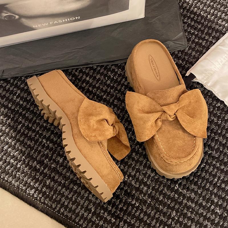 Fashion Bow Flats Women Mules Shoes Platform Suede Slingback Slippers Fashion Dress Sandals 2025 Casual Cozy Designer Zapatos De Mujer