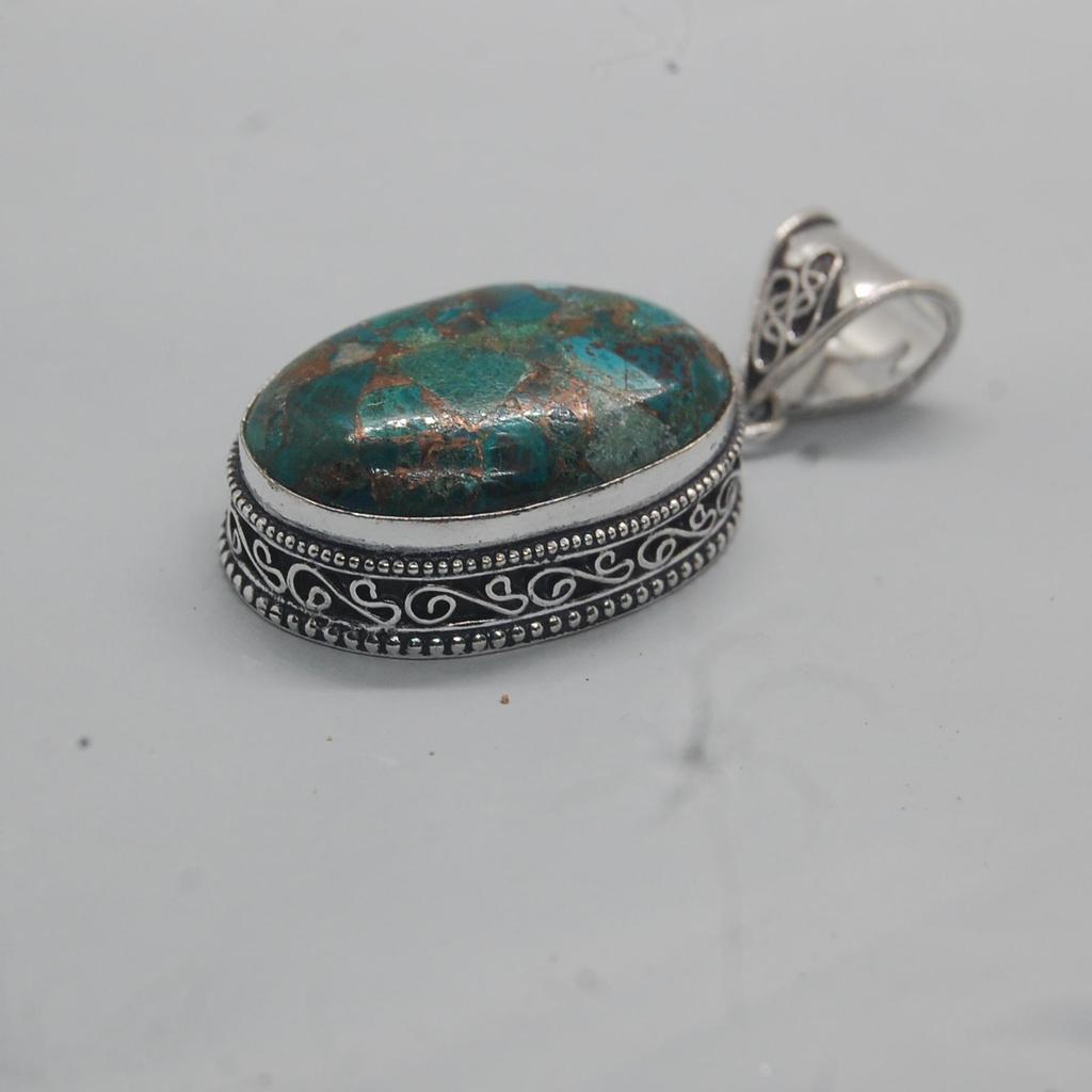 Oval Cab Green Copper Turquoise 925 Sterling Silver Pendant, Designer Turquoise Pendant