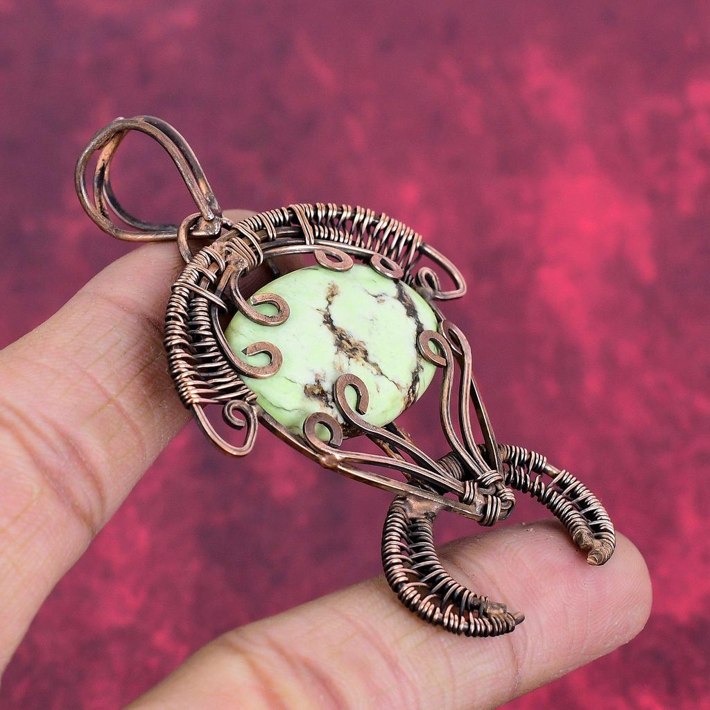 Lemon chrysoprase pendant copper wire wrapped pendant handmade jewelry tortoise pendant natural gemstone pendant gift for her copper jewelry