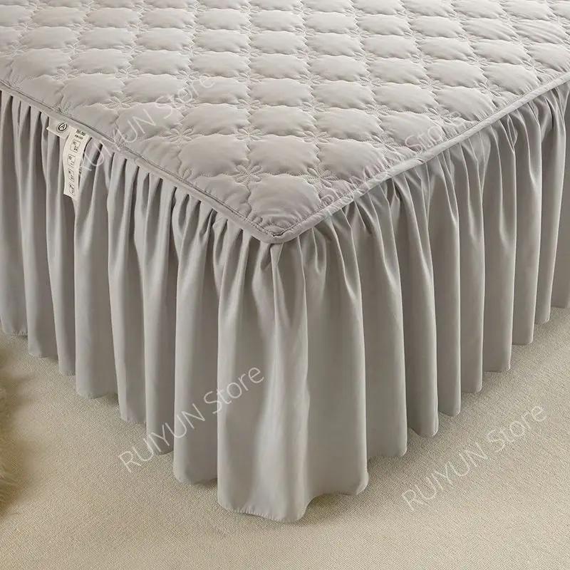Утолщенная юбка с однотонной хлопковой подкладкой, нескользящий наматрасник, защитный чехол на кровать, постельное белье, юбка с рюшами для односпальной двуспальной кровати