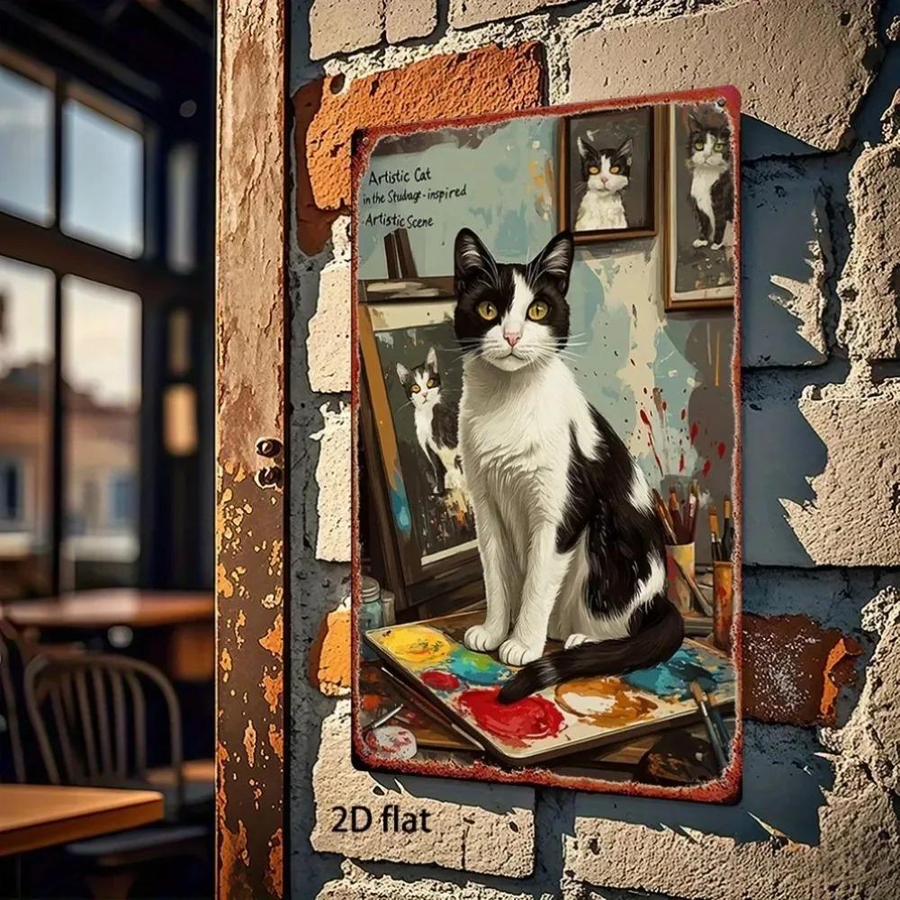Cat Metal Wall Art Vintage 2D Flat Iron Decor 8x12in Brush Palette Garden Home Artwork No Power Needed
