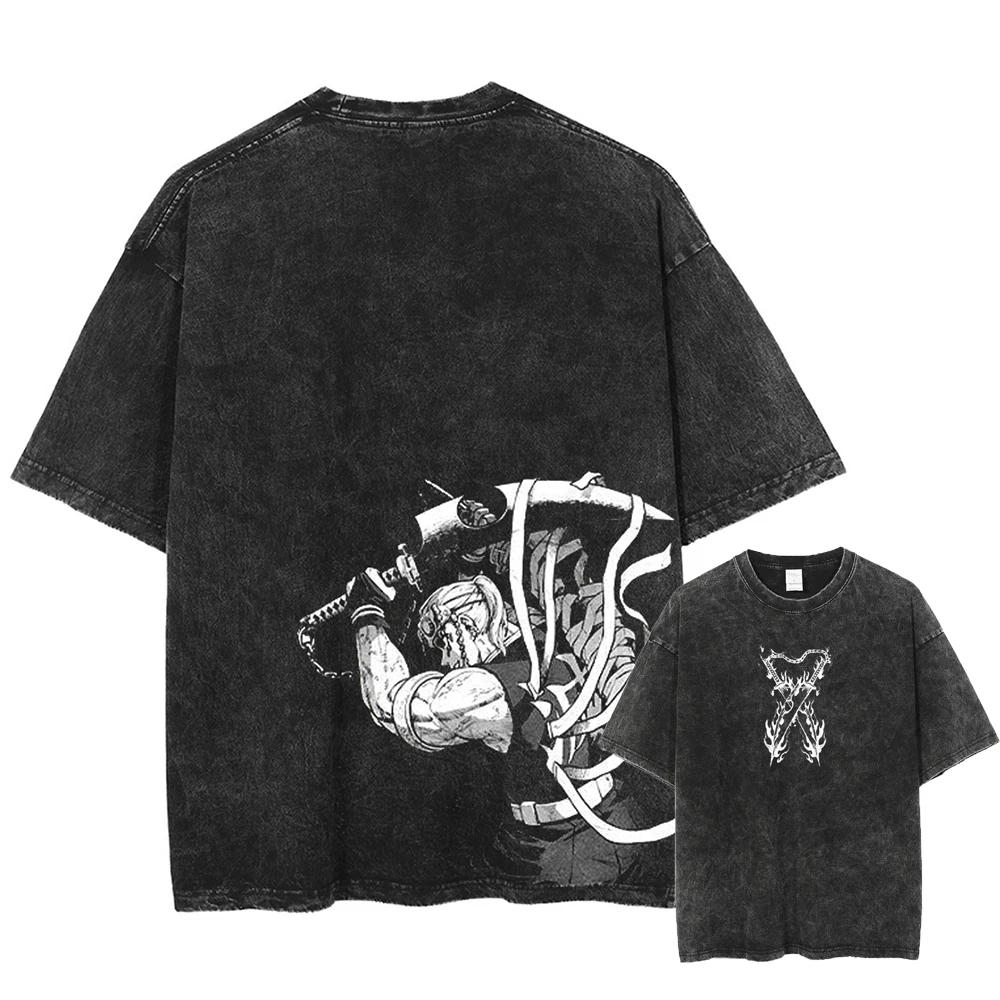 Мужская футболка Acid Streetwear, свободная футболка с японским аниме-графикой, летняя черная футболка с потертостями, хлопковые футболки Harajuku, топы