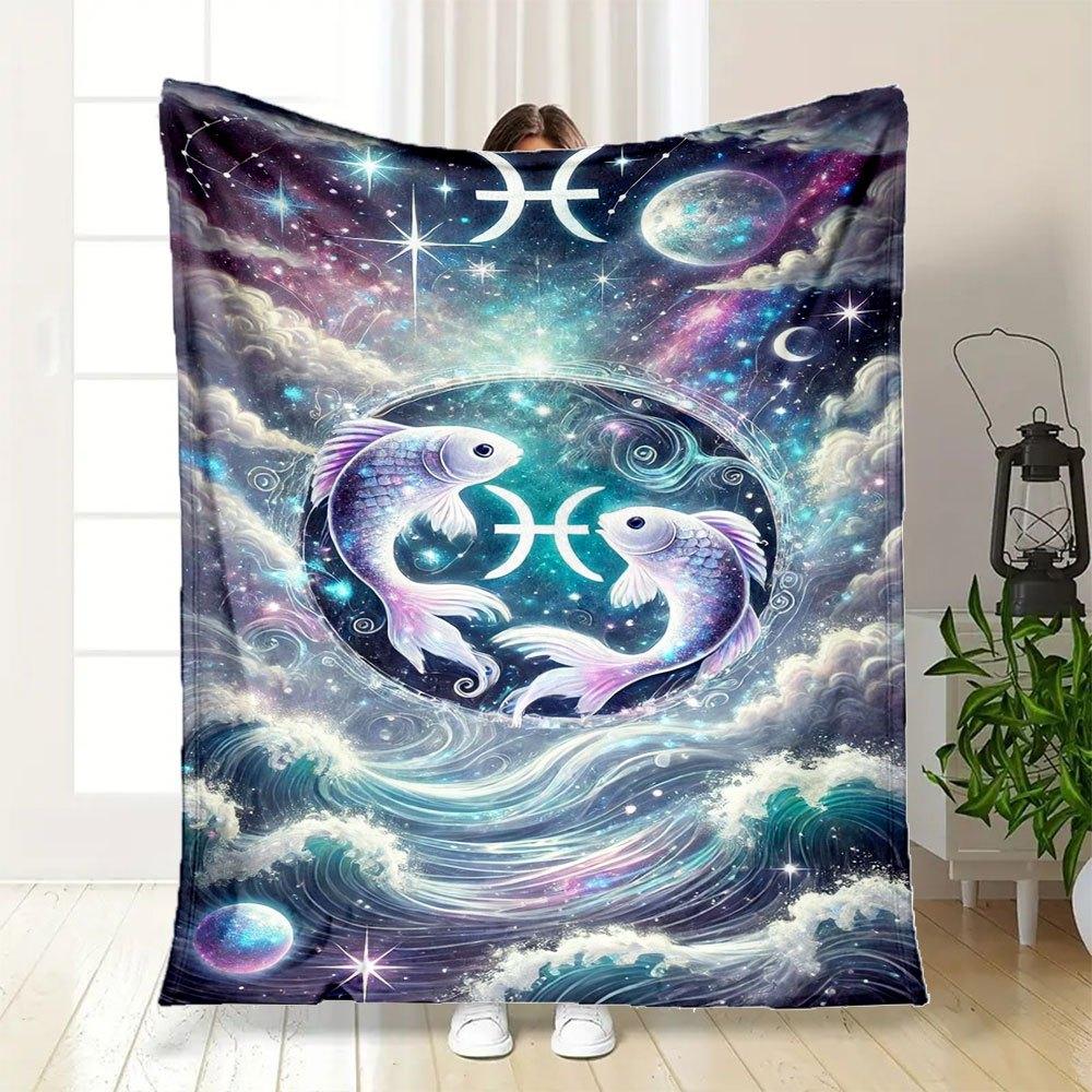"Zodiac Pisces Art Print - Celestial Fish Wall Decor"Blanket Flannel Throw Blanket for Sofa, Bed, Travel, Camping, Office, Couch, Chair, And