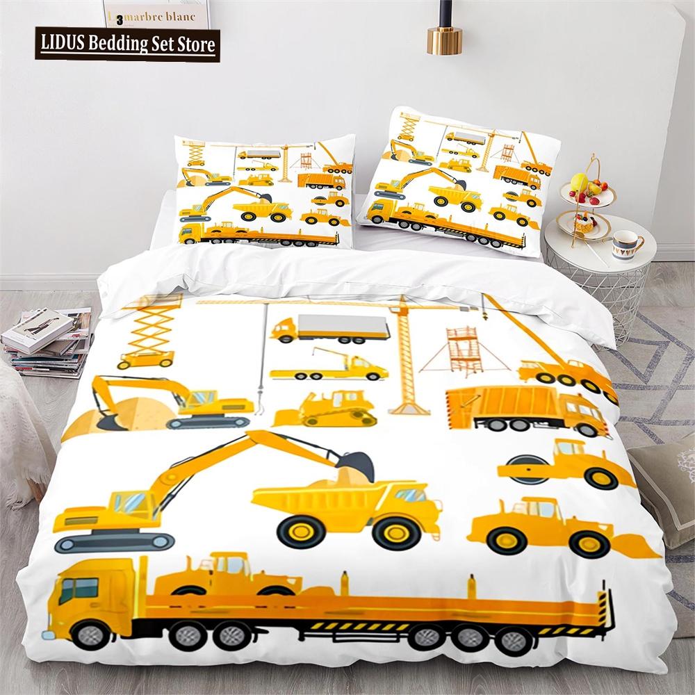 Комплект пододеяльника Digger Мультяшный Грузовик Тяжелой Техники Кран Бетономешалка Экскаватор Трактор Узор Для Ребенка Подростка Полиэстеровый Постельный Комплект
