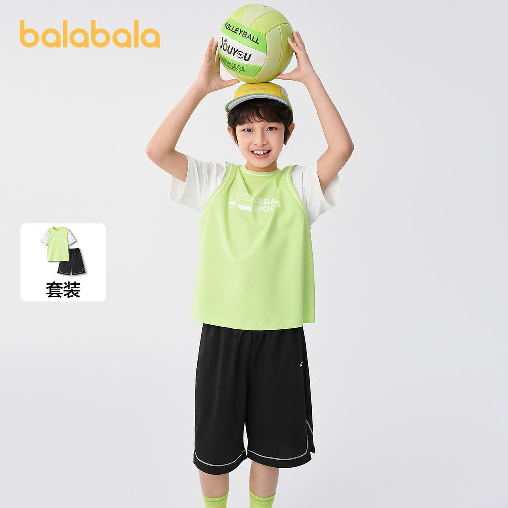 Balabala Boys' Short Sleeve Set - Fake Two-Piece, Quick-Drying Summer Top