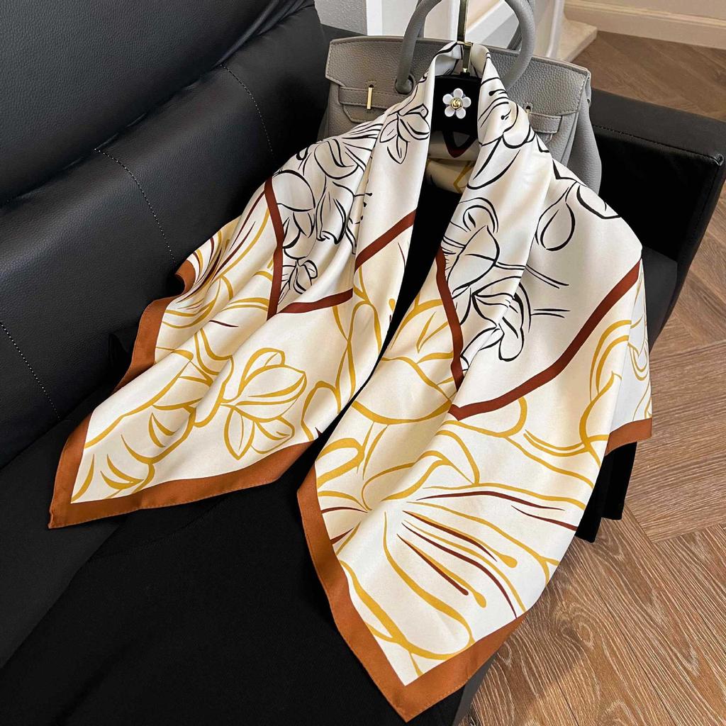 Color block silk scarf Korean version printing color matching scarf twill silk large square scarf 91x91cm shawl sunscreen travel headscarf