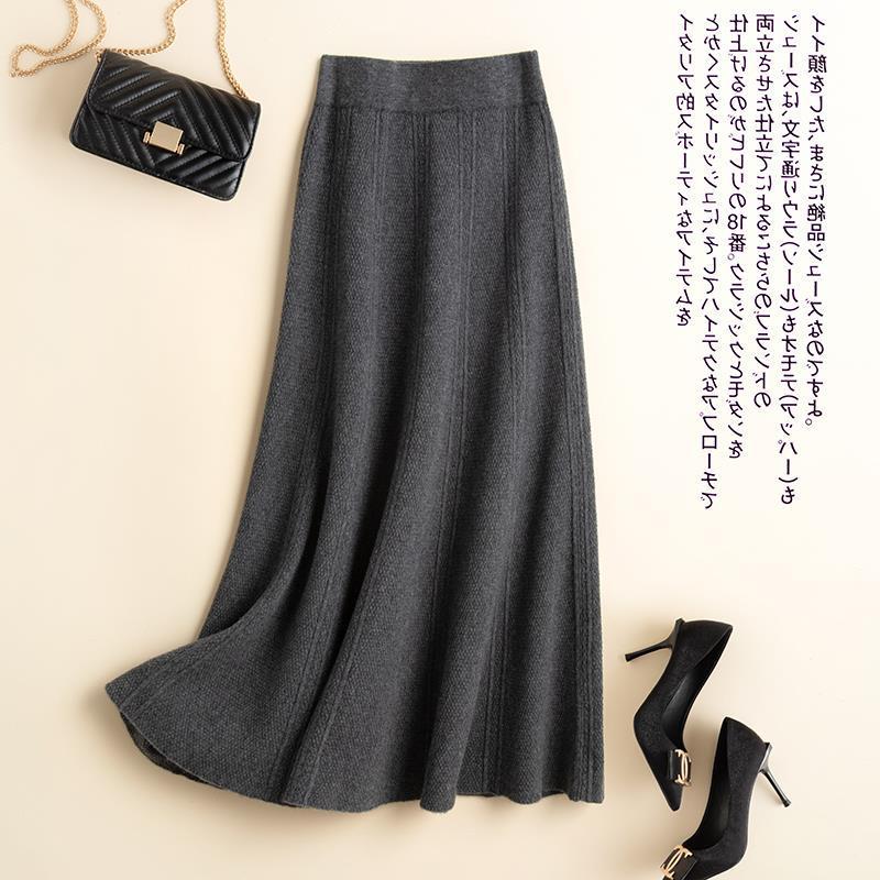 «Женская шерстяная юбка средней длины с высокой талией: Кашемировый трикотаж А-силуэта в корейском стиле на осень/зиму