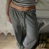 Women Casual Pants Straight Wide Leg Striped Print Long Trousers Adjustable Waist Strap Loose Fit Lounge Pants