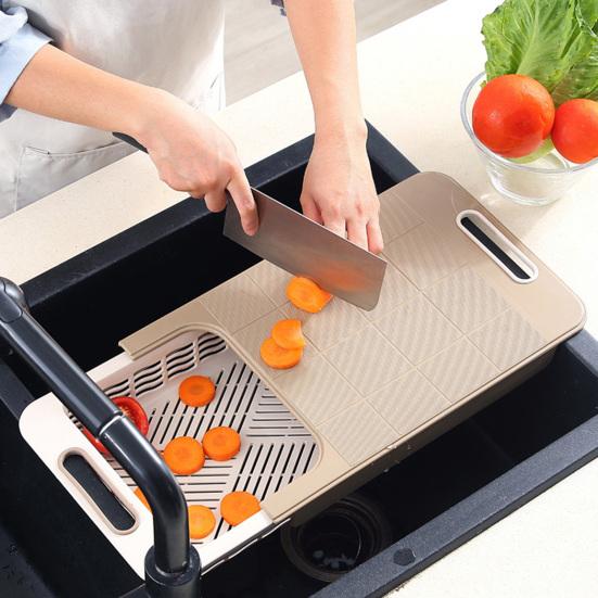 Cutting Board with Strainer Colander Retractable Plastic Board Extended Size Space-Saving with Handle Draining Tray for Kitchen
