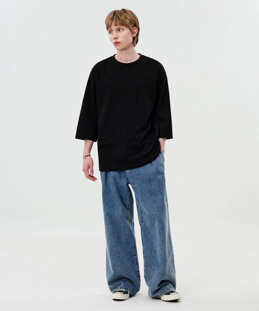 TOPBOY Double-Sided Oversized Crew Neck 3/4 Sleeve T-Shirt Black