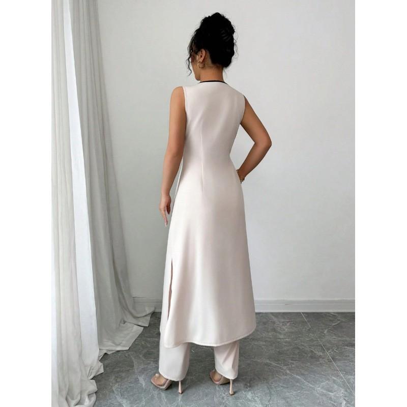 Womens 2-Piece Set: Sleeveless Deep V-Neck Top With Bow Detail Wide-Leg Pants Color-Block Casual Outfit