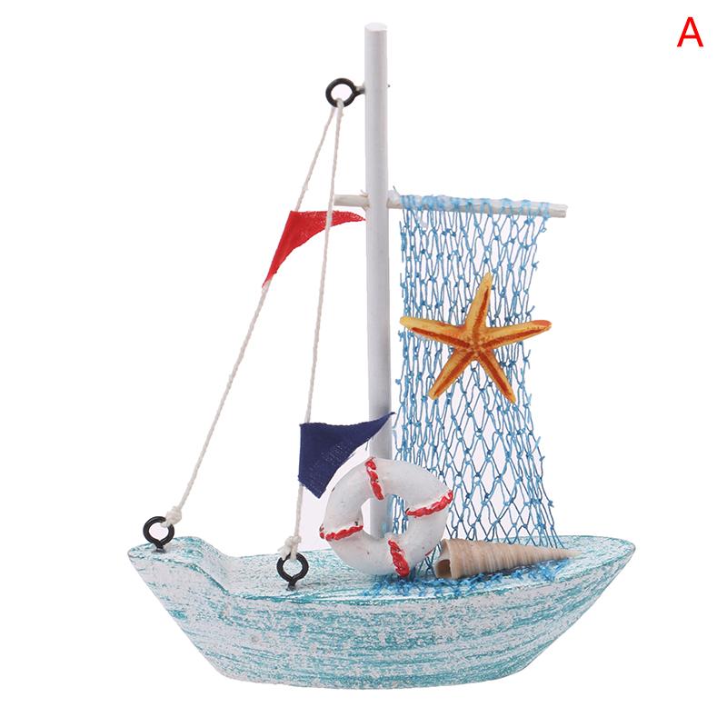 1PCS Mediterranean Style Marine Nautical Wooden Blue Sailing Boat Ship Wood Crafts Ornaments Party Home Decoration