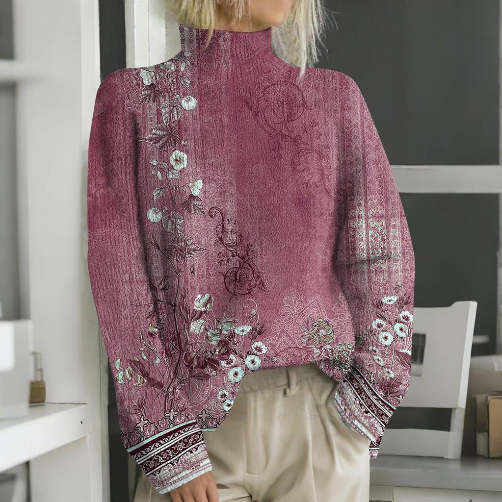 Женская мода повседневная с длинным рукавом и принтом, с высоким воротом, шерстяной трикотаж