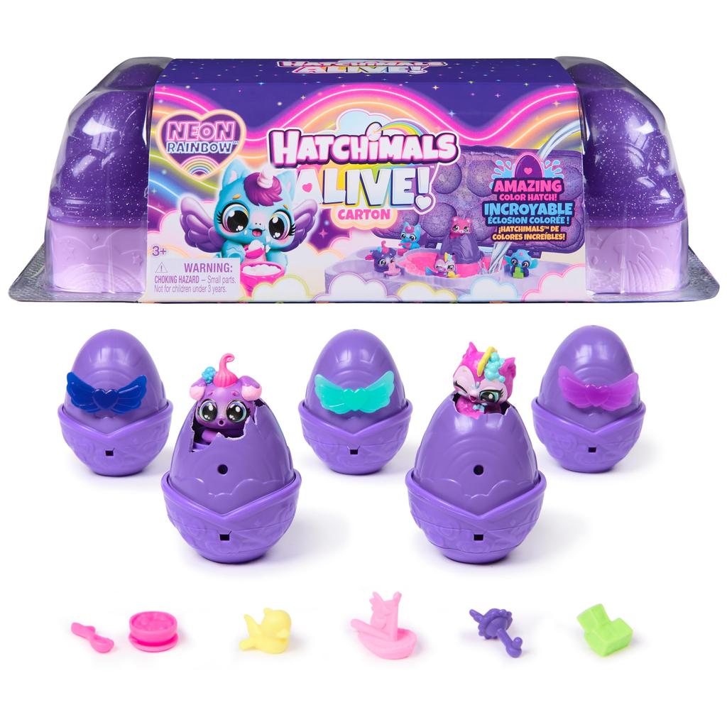 Hatchimals Alive, Neon Rainbow Egg Carton Toy with 5 Minifigures, Color Reveal Eggs & 11 Accessories, Kids Toy for Girls & Boys Ages 3+