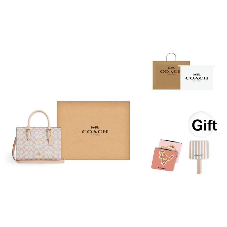 Coach Сумка-тоут Maggie 24 Classic Monogram Logo из искусственной кожи, сумка через плечо, средняя женская сумка-тоут, розовая, желтая CDZ08-IMM8C