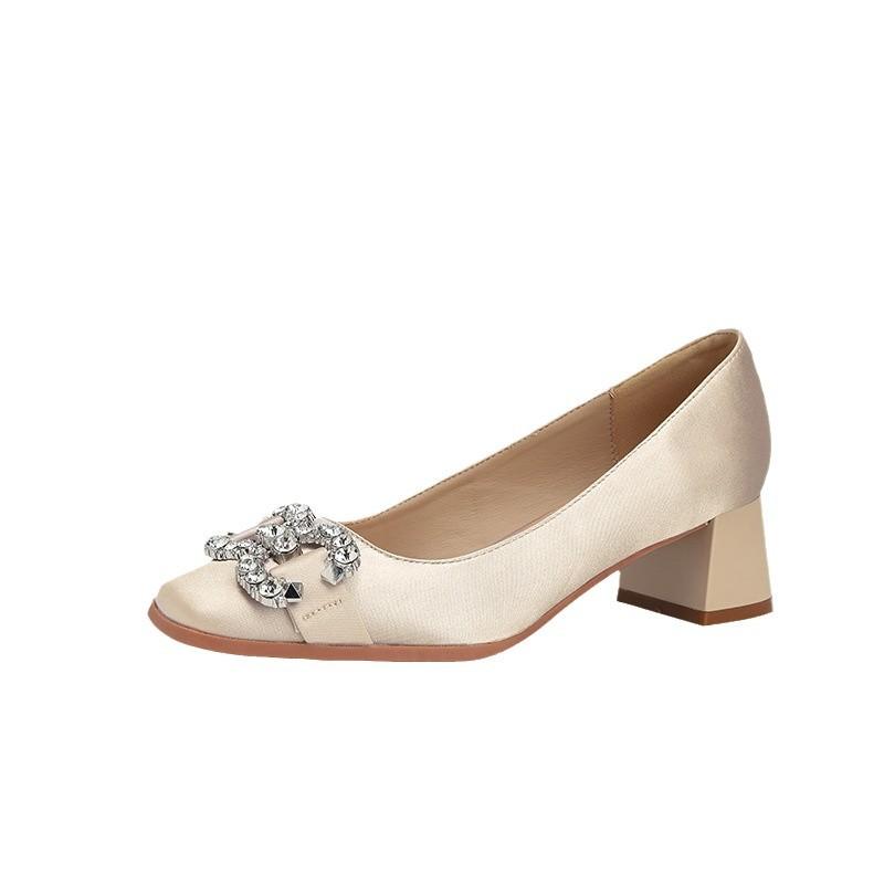 Новая модная обувь на толстом каблуке с квадратным носком и бриллиантовой пряжкой, женская, универсальная, темпераментная, с атласной поверхностью, для通勤