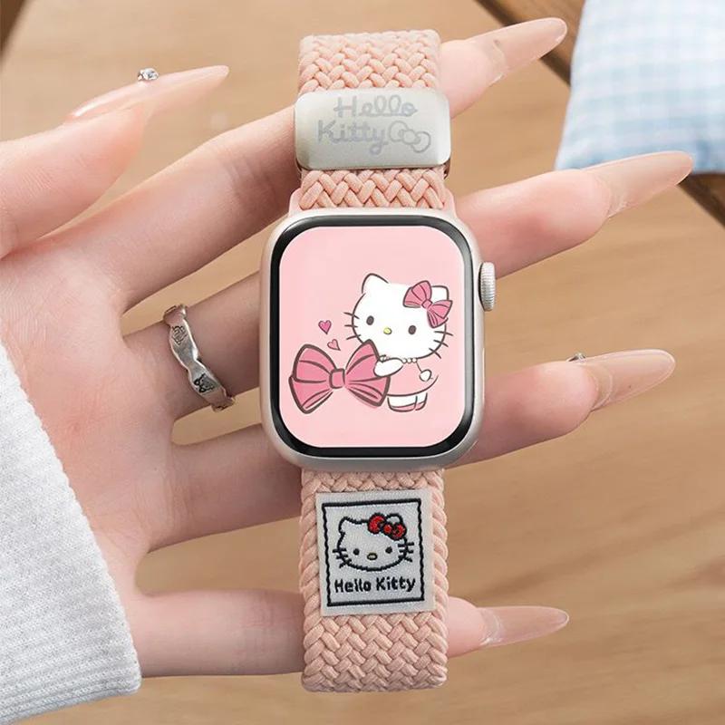 Милый ремешок для часов HelloKitty IWatch10, мультяшная магнитная застежка, плетеный нейлоновый ремешок для Iwatch 10-го поколения 9 8 7 6 5Ultra SE
