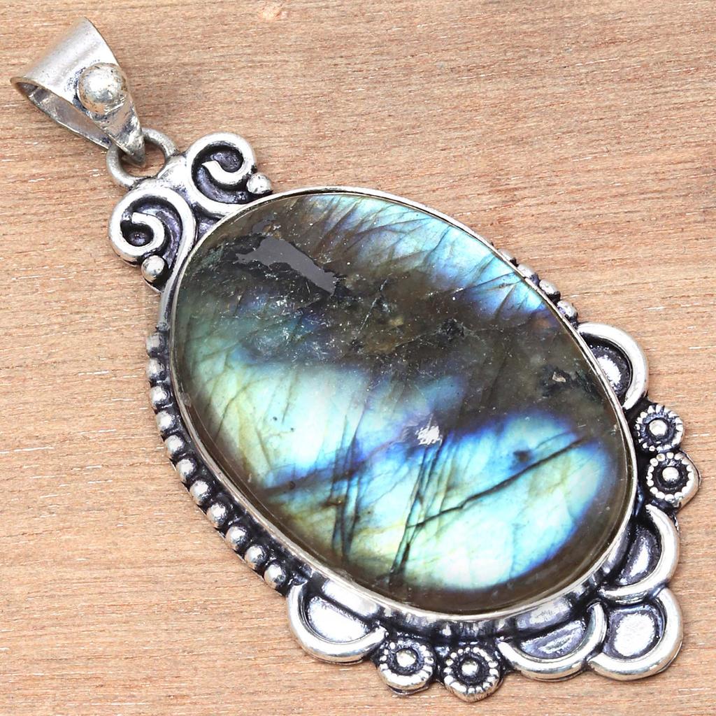 Pendant Shiney Labradorite Gemstone Valentine'Day Ethnic Silver Jewelry 2"