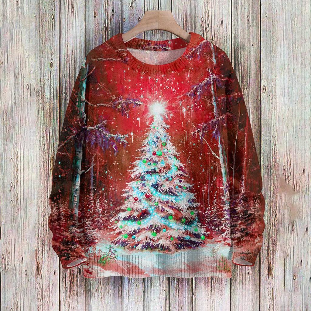 Рождественские толстовки для женщин Вязаный свитер Милая рубашка Осенний свитер с круглым вырезом Топы