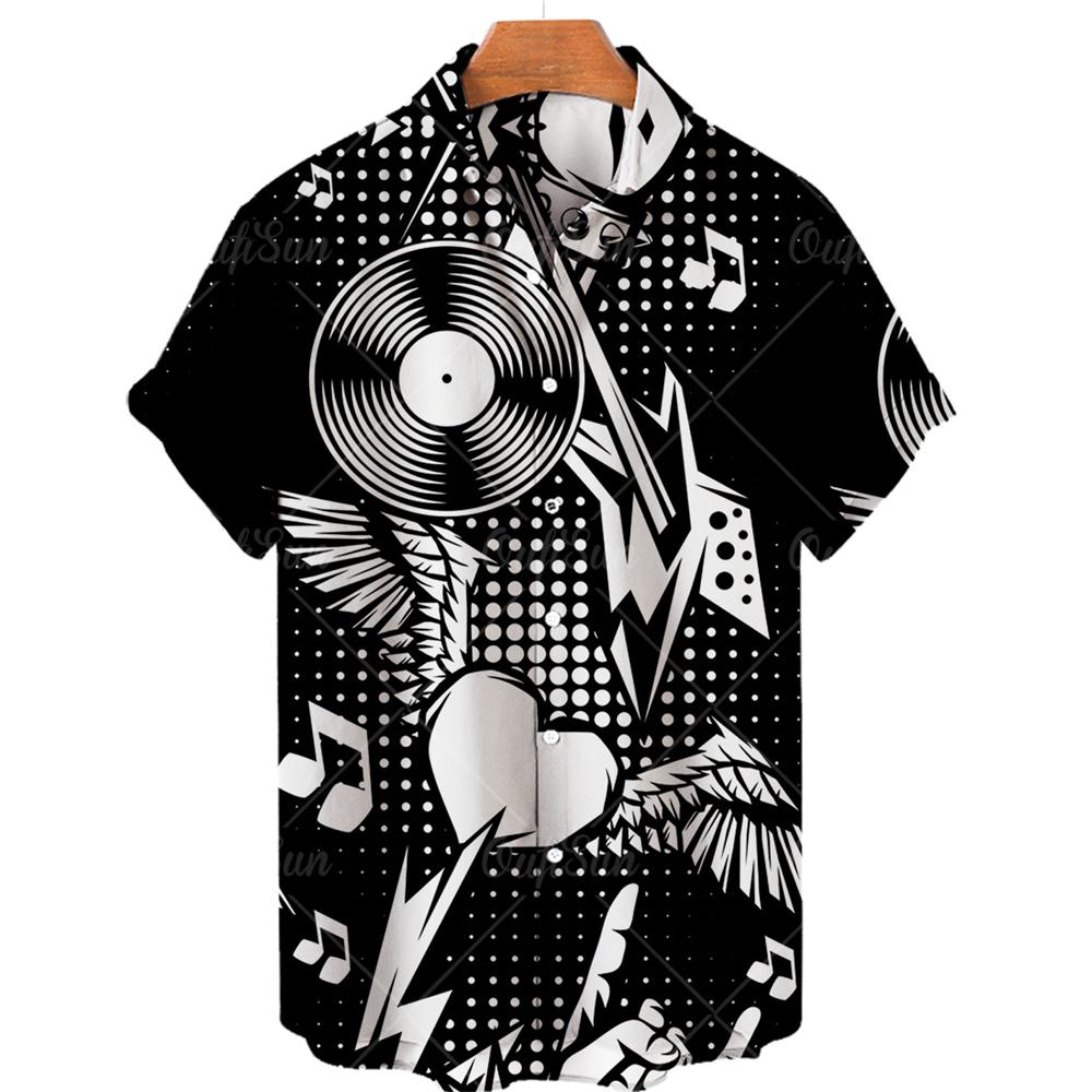 Summer Hawaiian Shirts For Men Music Guitar Printed Tops Clothing Fashion Casual Oversized Collar Rock And Roll Blouses