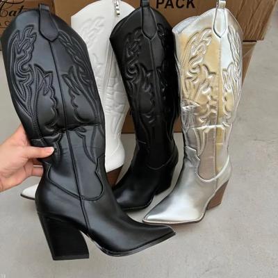 Модные ботильоны на высоком каблуке с цветочной вышивкой Женские ботфорты Элегантный стиль для отдыха Китайский производитель