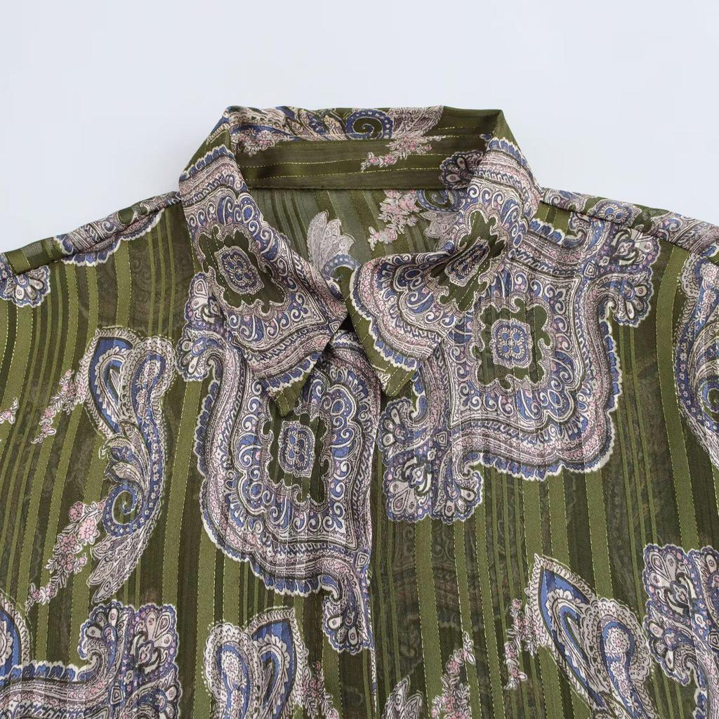 2025 Весна Женская рубашка с отложным воротником и принтом из металлизированной нити