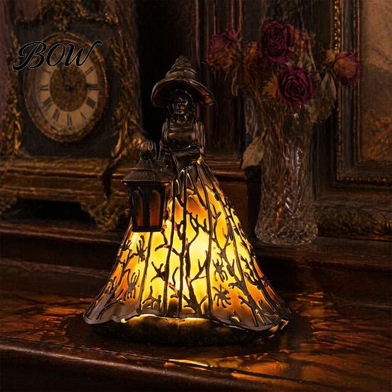 Vintage Black Orange Ornament Halloween Witch Lamp, Stained Glass Style Gothic Table Lamp with Lantern, Creative Broom Figurine LED Resin Night Light
