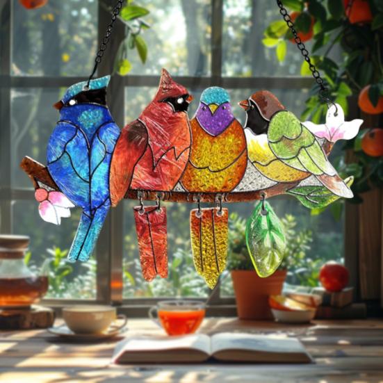 Birds On A Branch Suncatcher Stained Glass Acrylic Window Hanging Decoration with 4 Birds for Garden Home Decor Bird Lover Gift for Mom Grandma