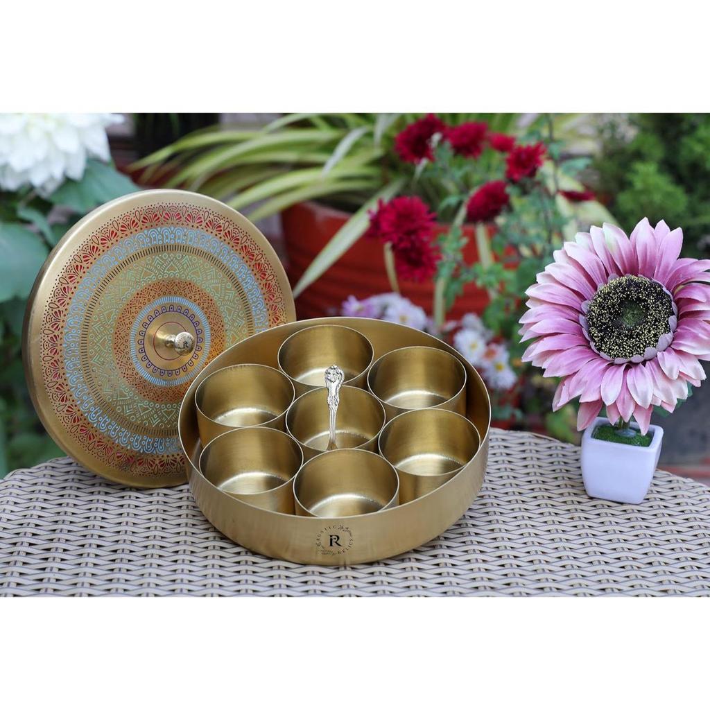Pure Brass Spice Box | 8 INCH Round | BIDRI Work | Box Includes 7 Containers and 1 Spoon