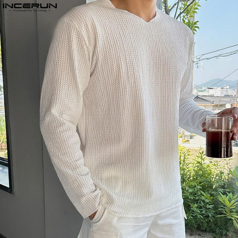 INCERUN Men Spring Long Sleeve Texture Tops Casual Loose Solid Pullovers
